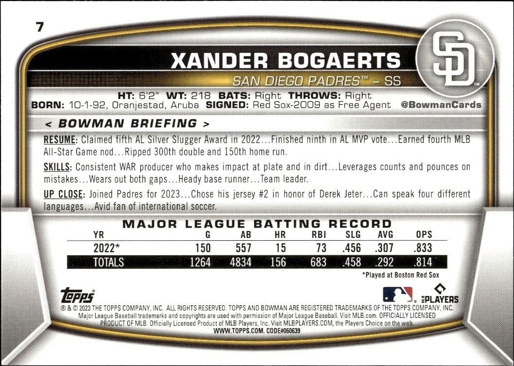 2023 Bowman Xander Bogaerts #7 baseball trading card back