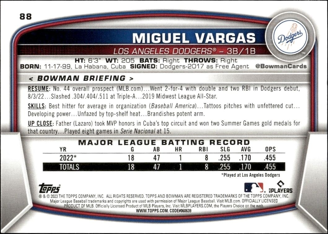 2023 Bowman Miguel Vargas #88 baseball trading card back