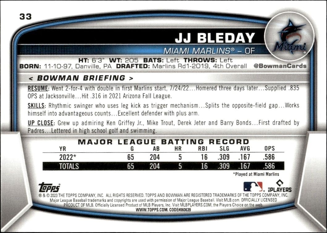 2023 Bowman JJ Bleday #33 baseball trading card back