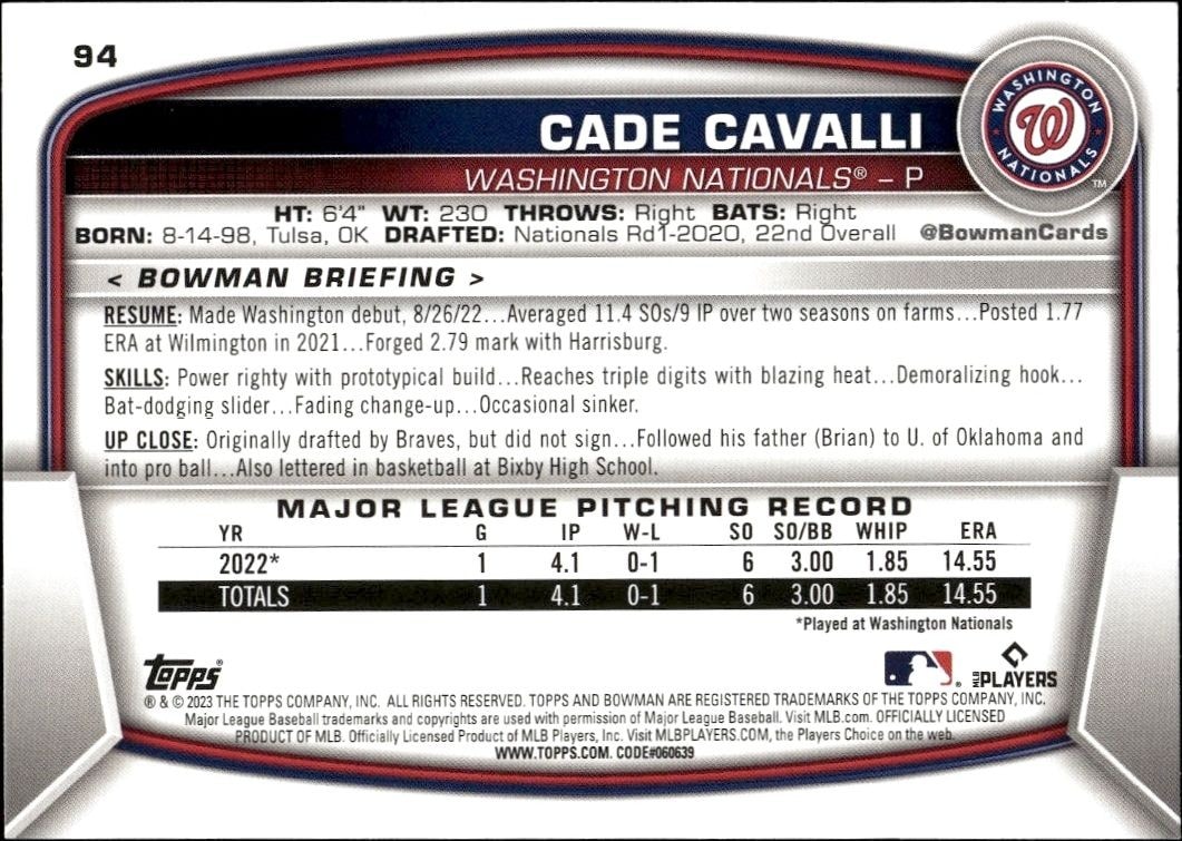 2023 Bowman Cade Cavalli #94 baseball trading card back