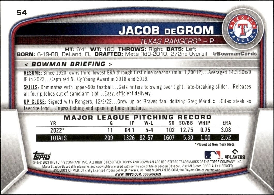 2023 Bowman Jacob DeGrom #54 baseball trading card back