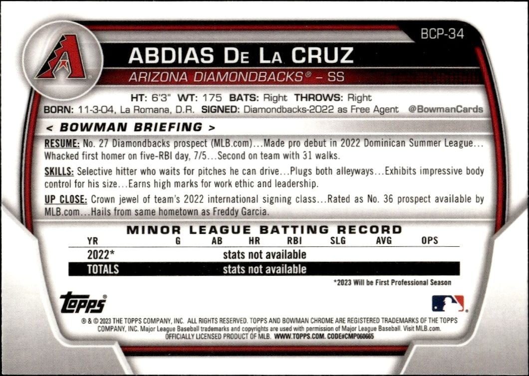 2023 Bowman Chrome Abdias De La Cruz #BCP-34 baseball trading card back