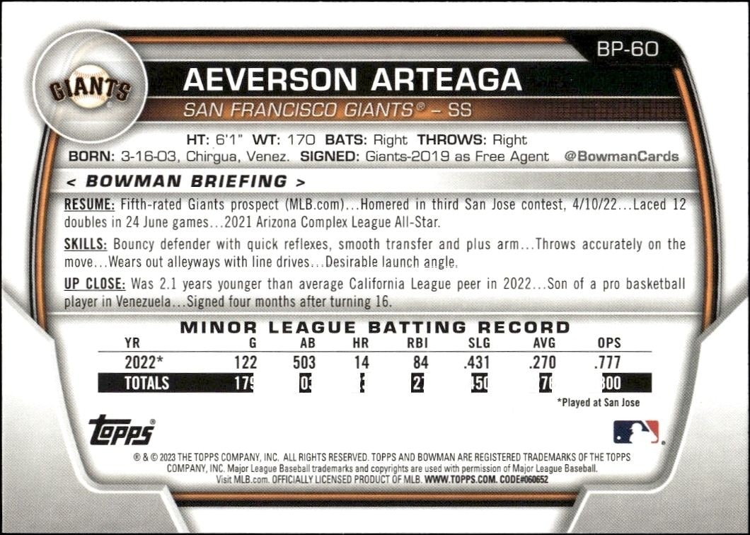 2023 Bowman Aeverson Arteaga #BP-60 baseball trading card back