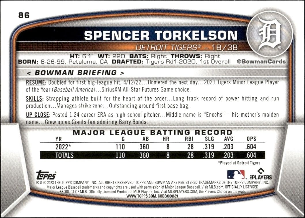 2023 Bowman Spencer Torkelson #86 baseball trading card back