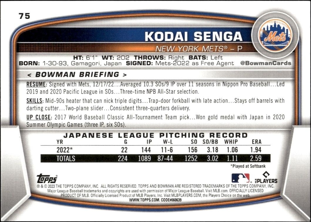 2023 Bowman Kodai Senga #75 baseball trading card back