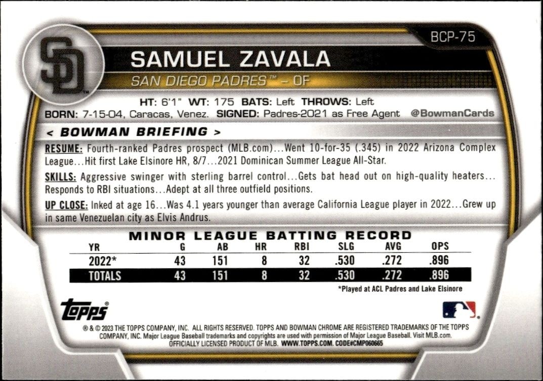 2023 Bowman Samuel Zavala #BP-75 baseball trading card back