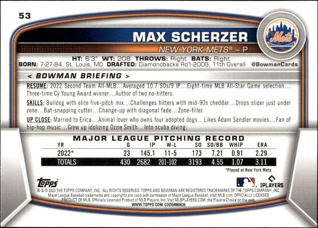 2023 Bowman Max Scherzer #53 baseball trading card back