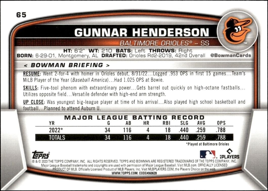 2023 Bowman Gunnar Henderson #65 baseball trading card back