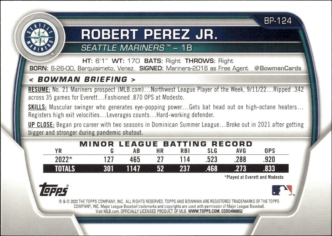 2023 Bowman Robert Perez Jr. #BP-124 baseball trading card back