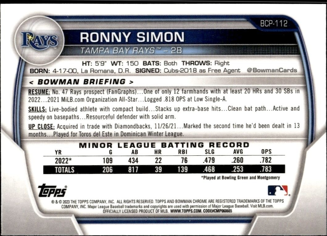 2023 Bowman Chrome Ronny Simon #BCP-112 baseball trading card back