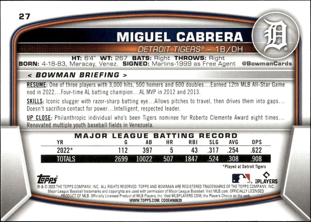 2023 Bowman Miguel Cabrera #27 baseball trading card back