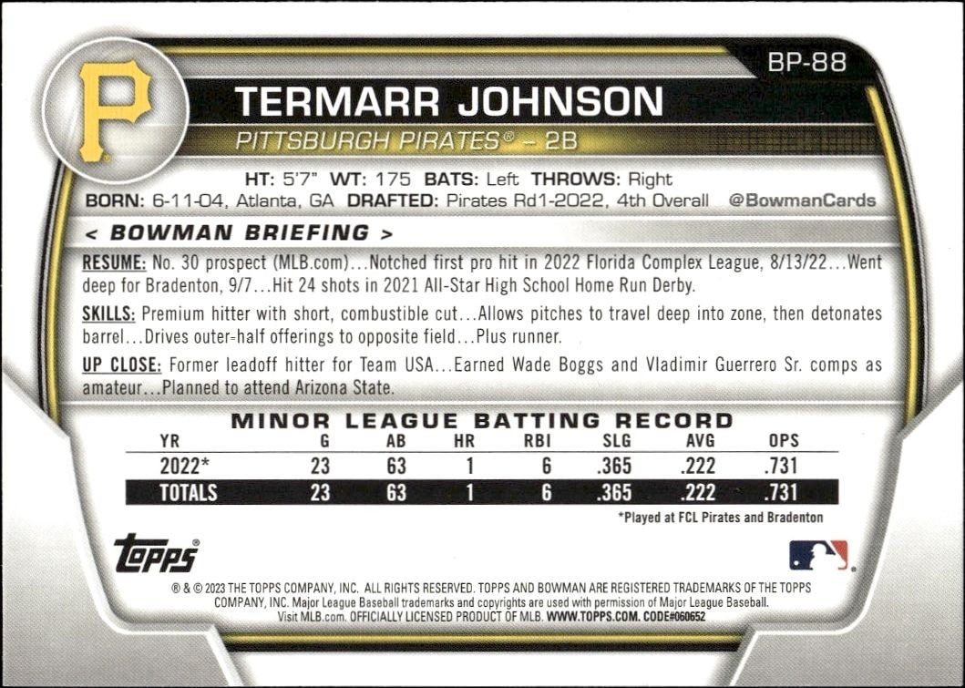 2023 Bowman Termarr Johnson #BP-88 baseball trading card back