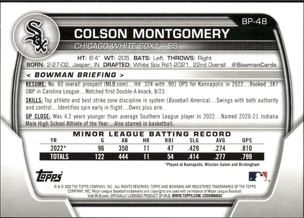 2023 Bowman Colson Montgomery #BP-48 baseball trading card back