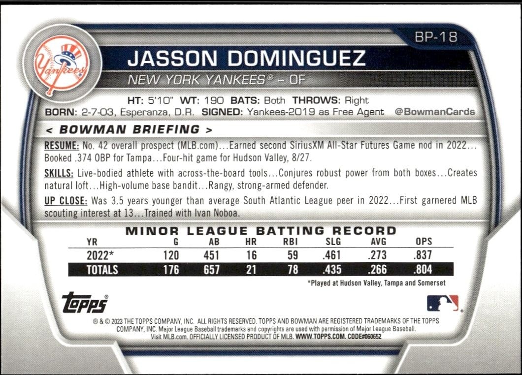 2023 Bowman Jasson Dominguez #BP-18 baseball trading card back