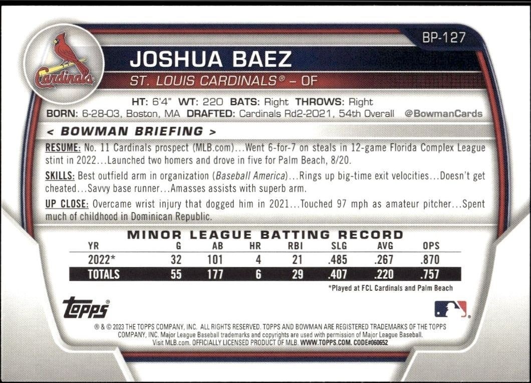 2023 Bowman Joshua Baez #BP-127 baseball trading card back