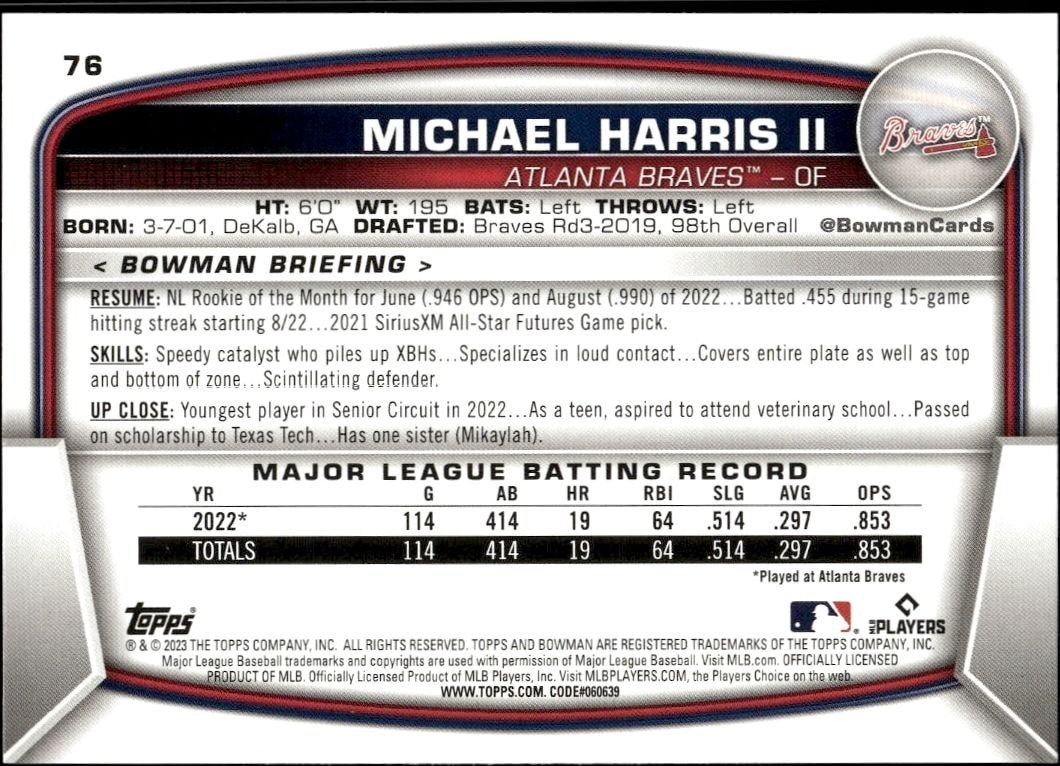 2023 Bowman Michael Harris II #76 baseball trading card back