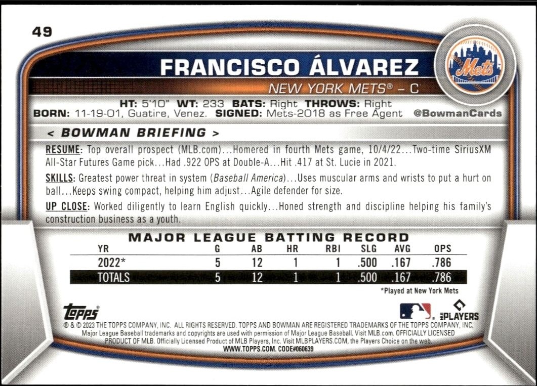 2023 Bowman Francisco Alvarez #49 baseball trading card back