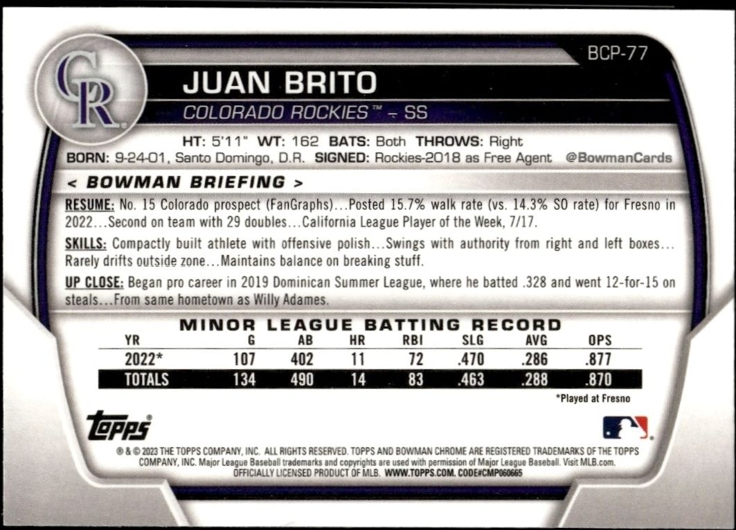 2023 Bowman Chrome Juan Brito #BCP-77 baseball trading card back