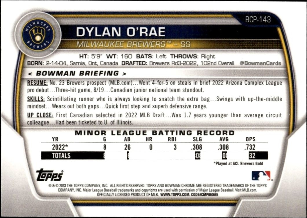 2023 Bowman Chrome Dylan O'Rae #BCP-143 baseball trading card back