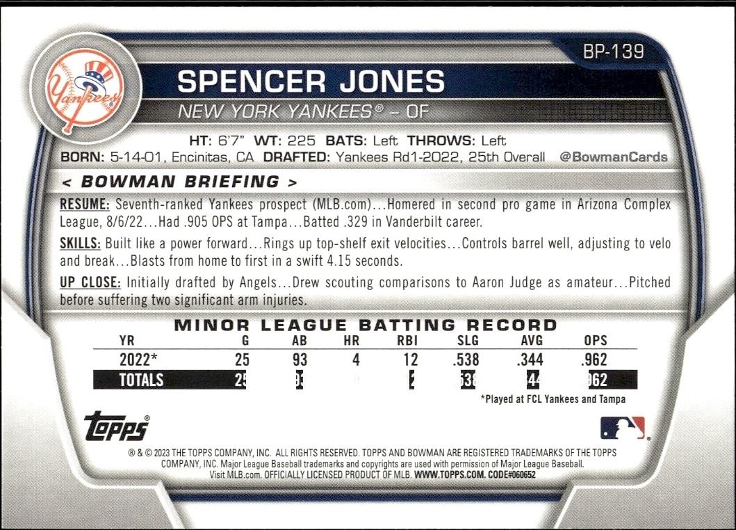 2023 Bowman Spencer Jones #BP-139 baseball trading card back