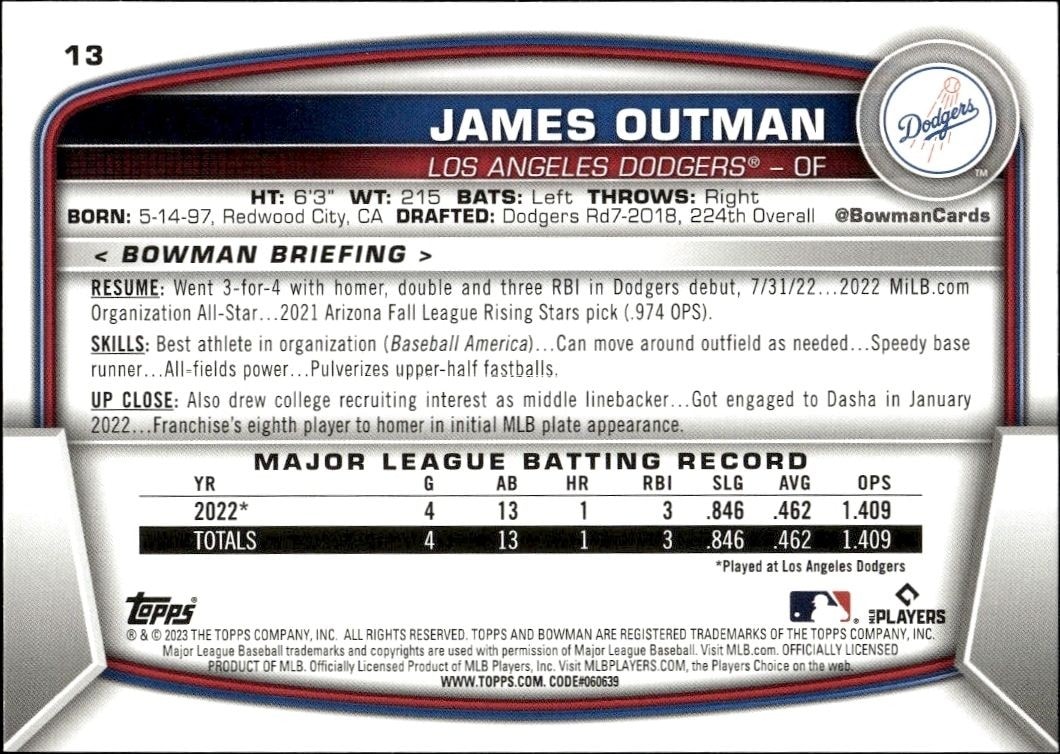 2023 Bowman James Outman #13 baseball trading card back