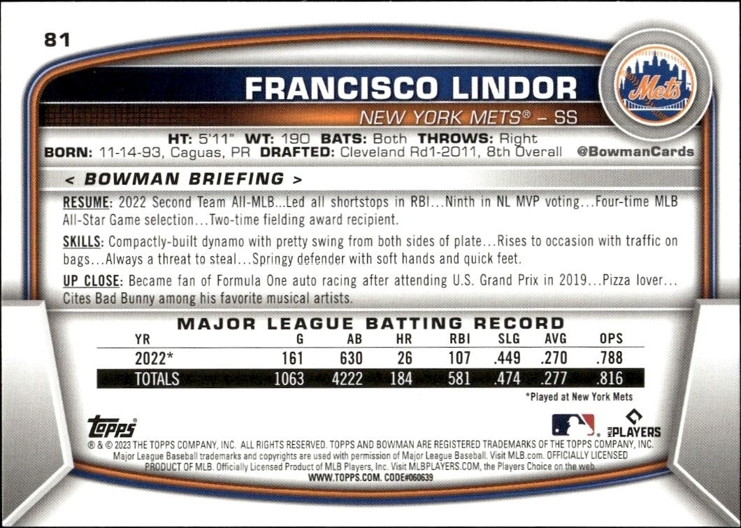 2023 Bowman Francisco Lindor #81 baseball trading card back