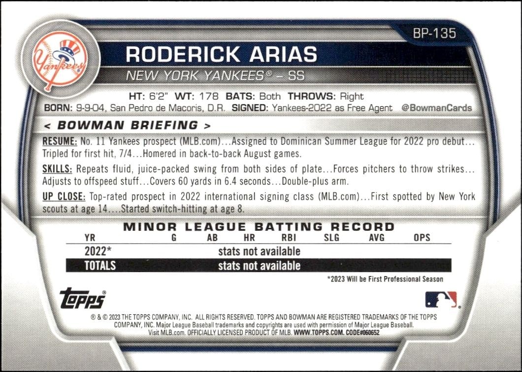 2023 Bowman Roderick Arias #BP-135 baseball trading card back