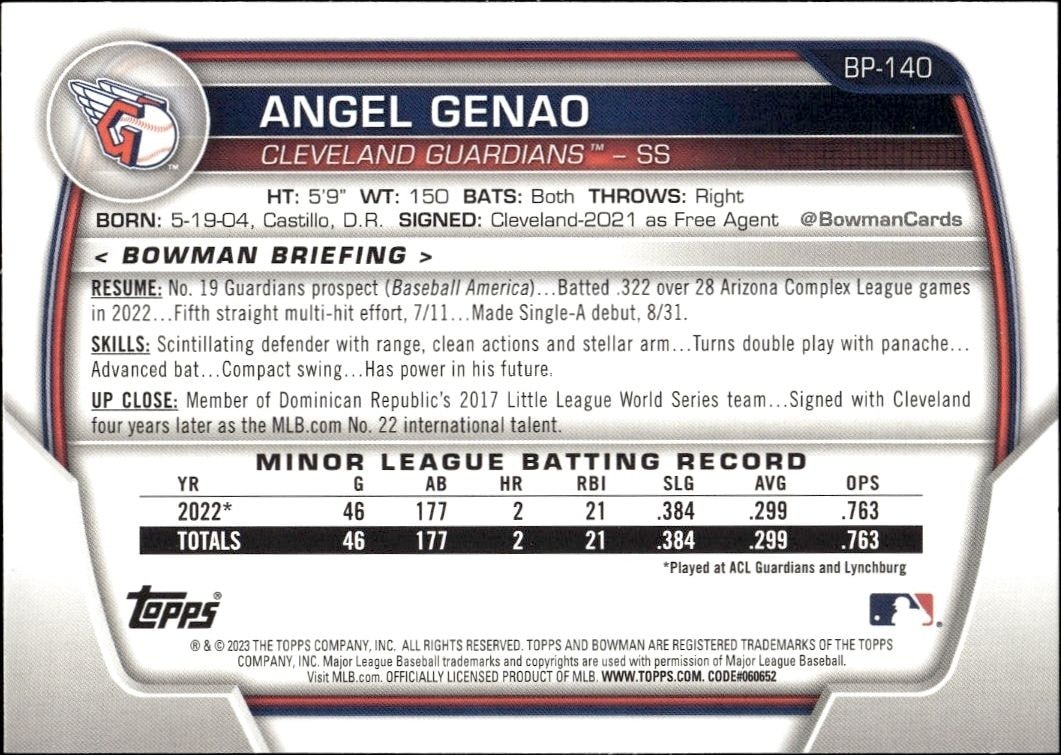 2023 Bowman Angel Genao #BP-140 baseball trading card back