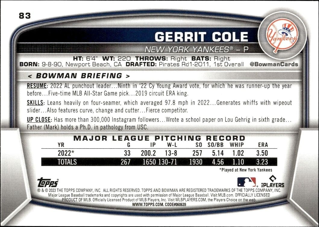 2023 Bowman Gerrit Cole #83 baseball trading card back