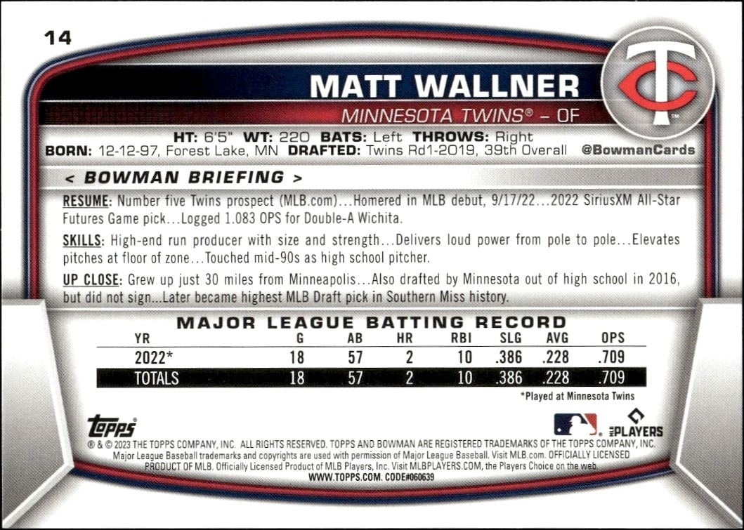 2023 Bowman Matt Wallner #14 baseball trading card back