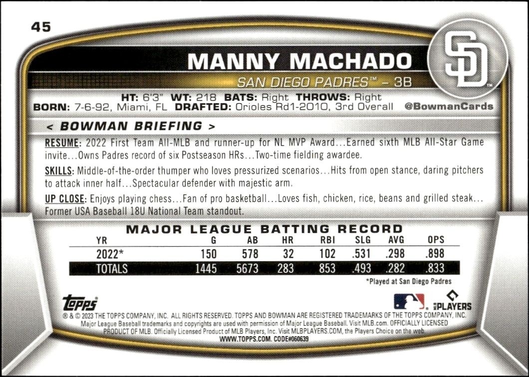 2023 Bowman Manny MacHado #45 baseball trading card back