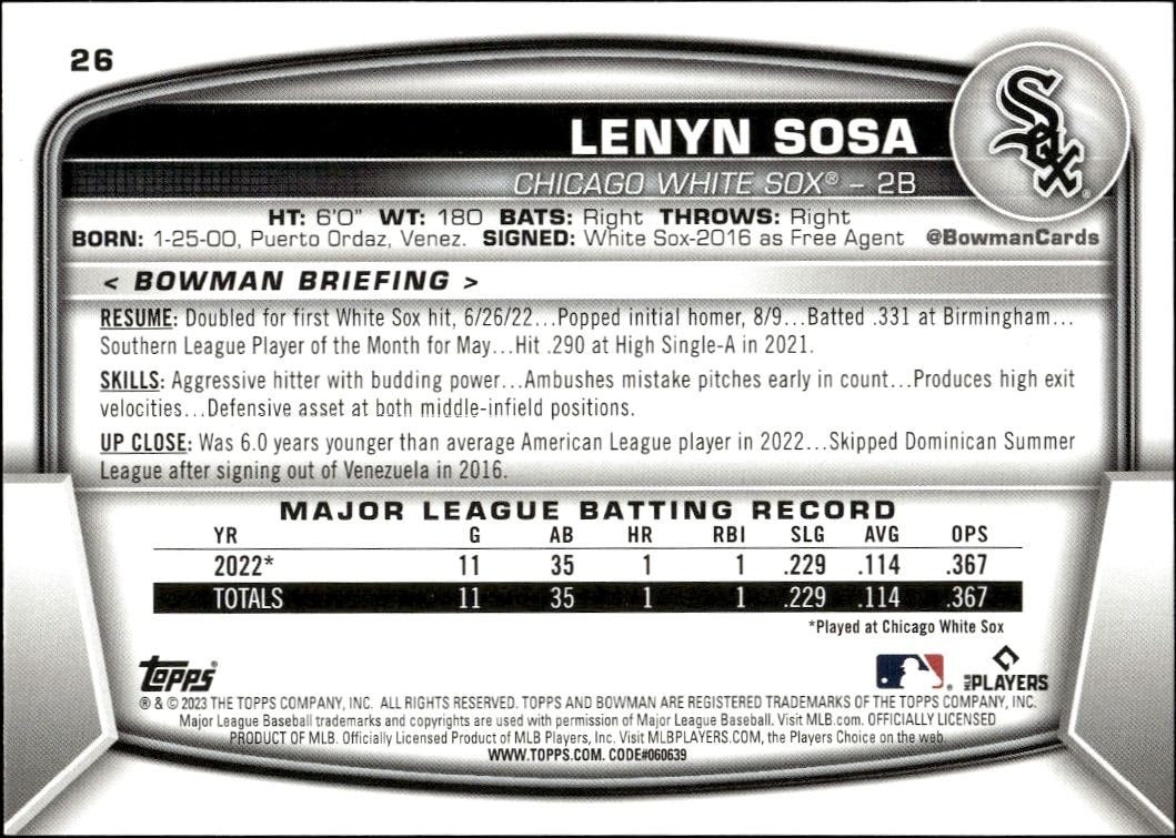 2023 Bowman Lenyn Sosa #26 baseball trading card back