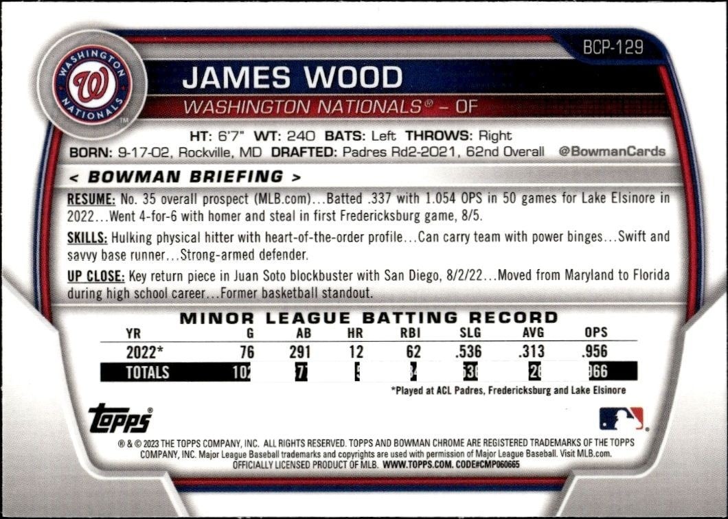 2023 Bowman Chrome James Wood #BCP-129 baseball trading card back