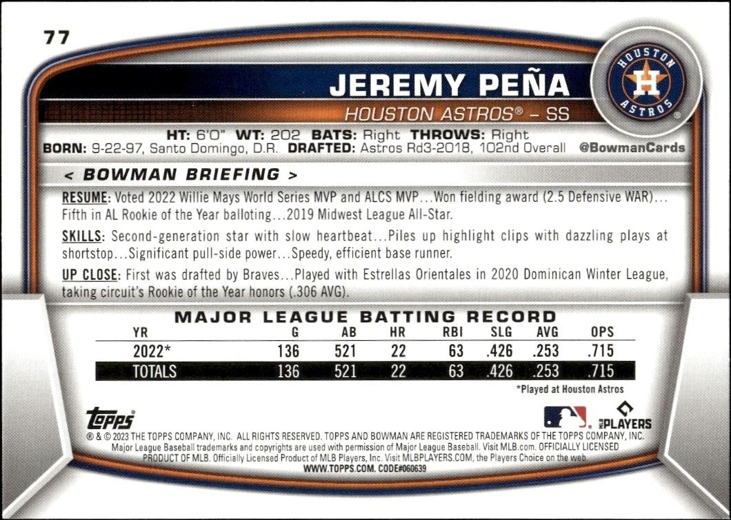2023 Bowman Jeremy Pena #77 baseball trading card back