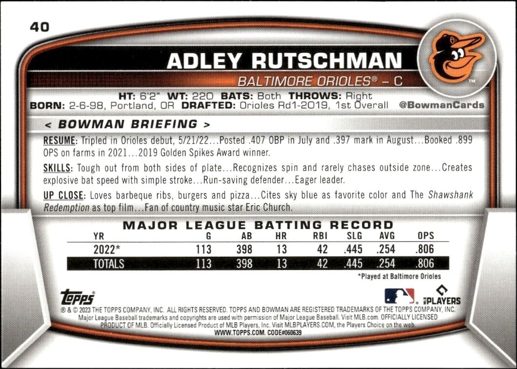 2023 Bowman Adley Rutschman #40 baseball trading card back