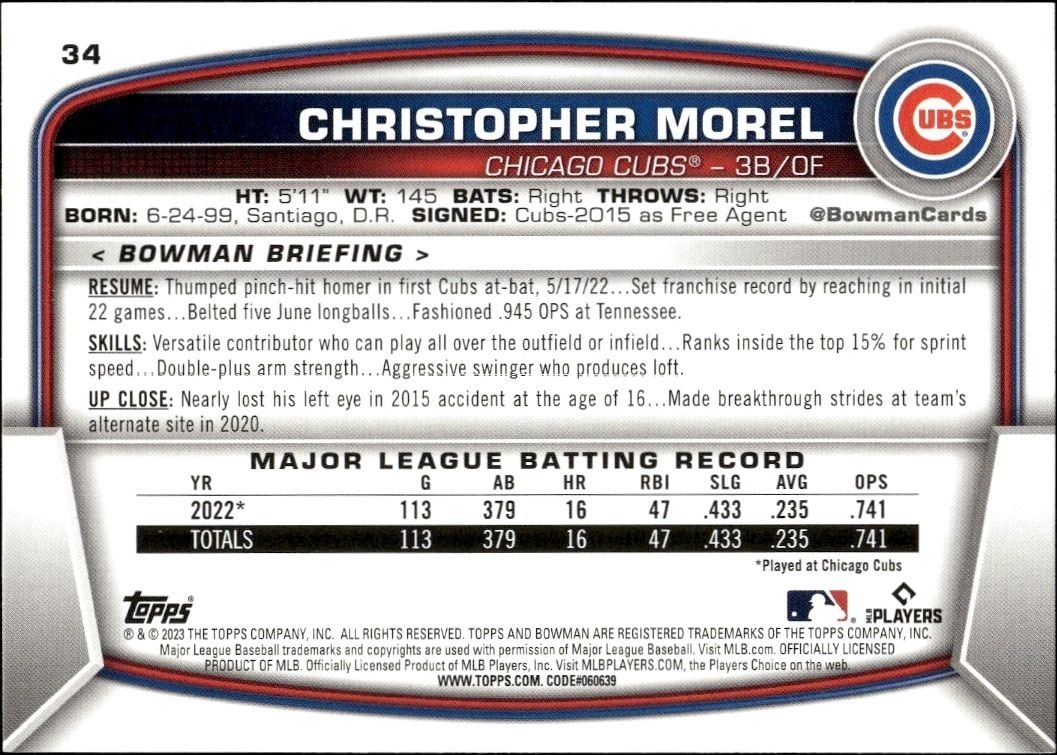 2023 Bowman Christopher Morel #34 baseball trading card back