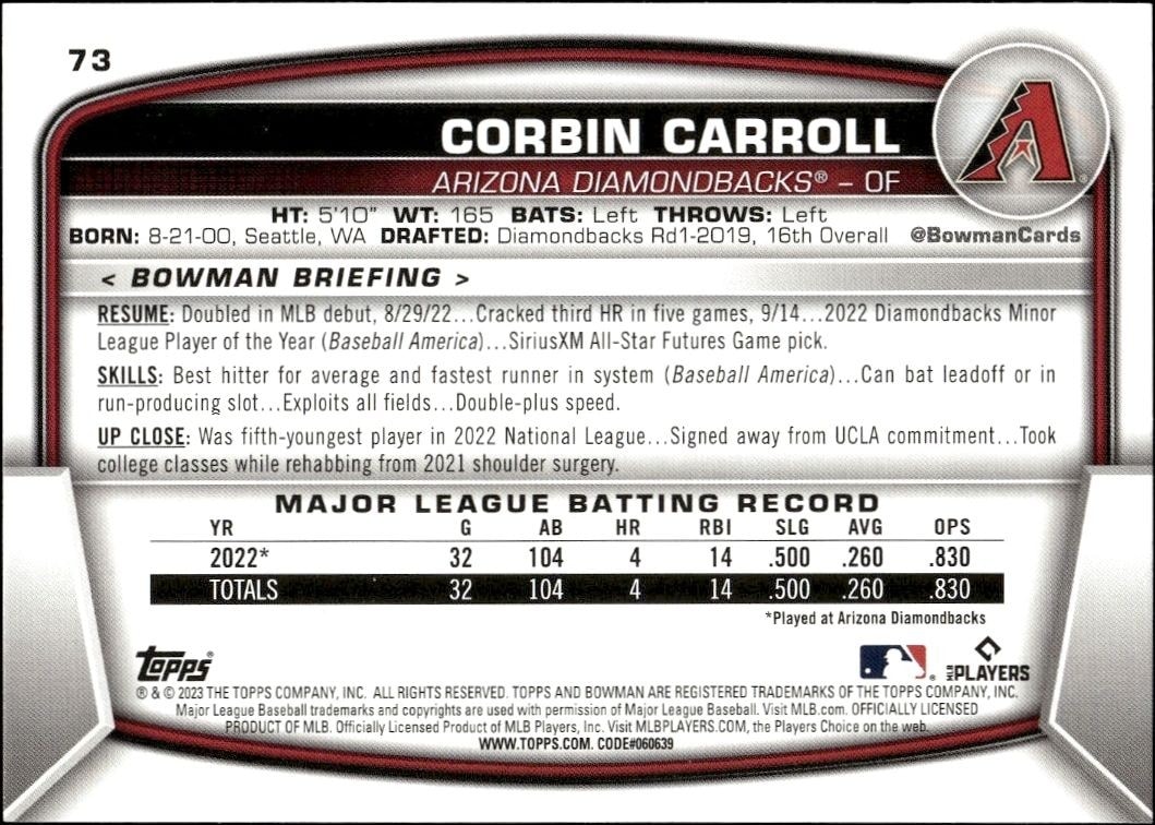 2023 Bowman Corbin Carroll #73 baseball trading card back