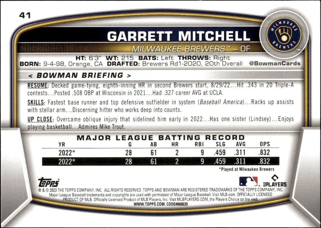 2023 Bowman Garrett Mitchell #41 baseball trading card back