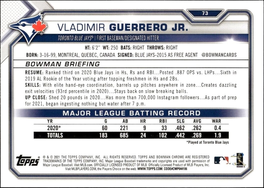 2021 Bowman Vladimir Guerrero Jr. #73 baseball trading card back