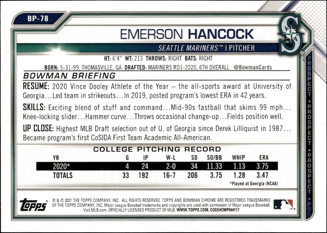 2021 Bowman Emerson Hancock #BP-78 baseball trading card back