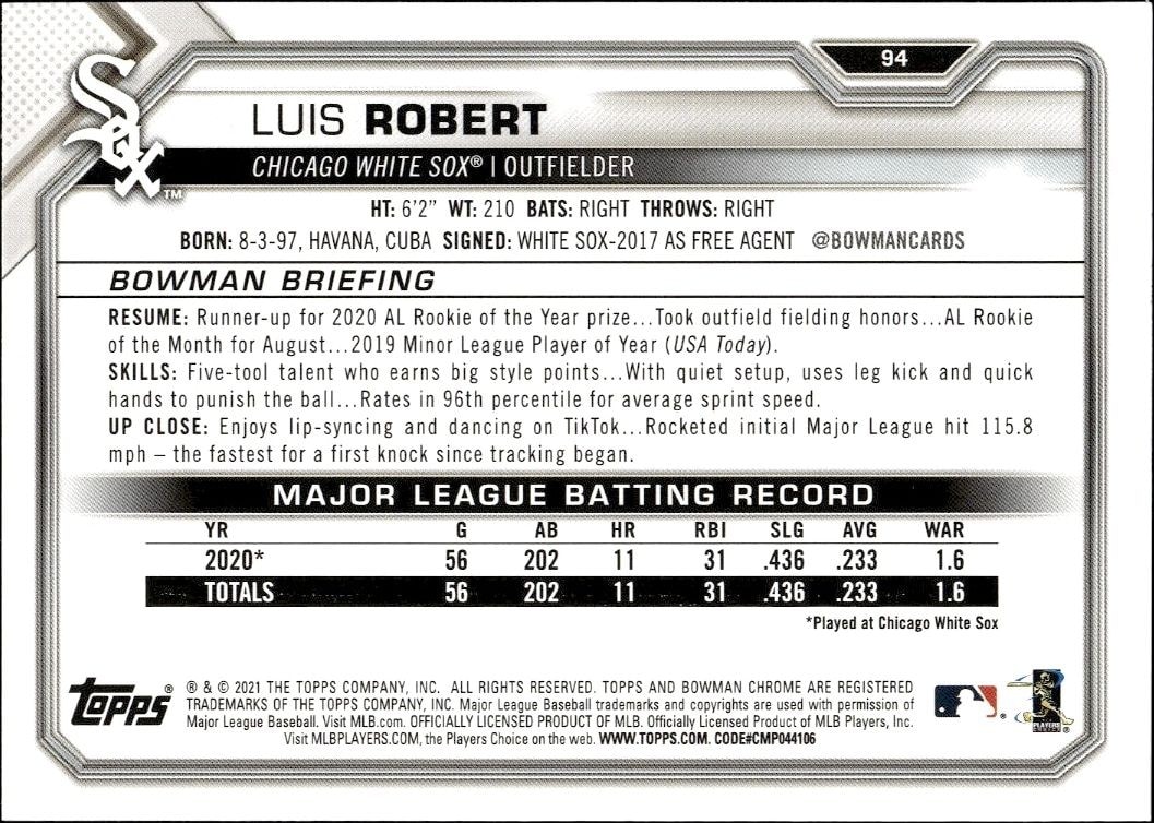 2021 Bowman Luis Robert #94 baseball trading card back
