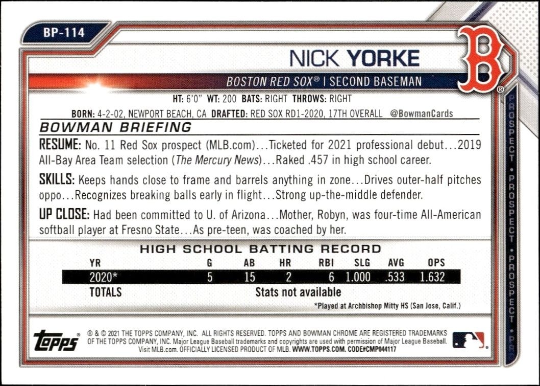 2021 Bowman Nick Yorke #BP-114 baseball trading card back