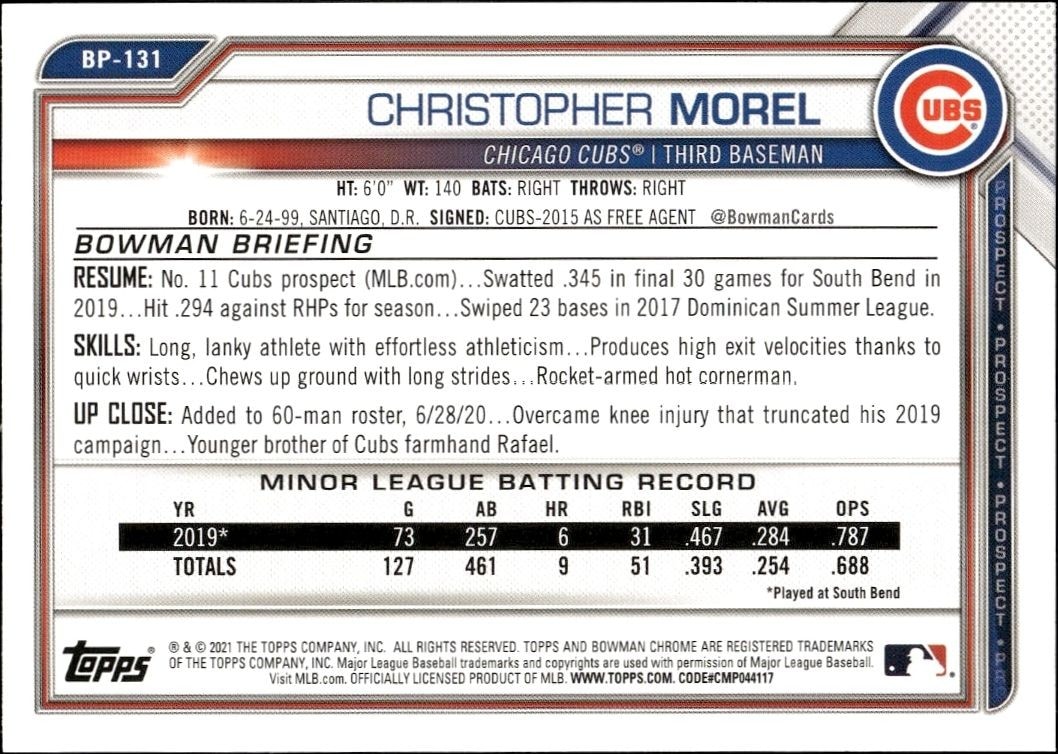 2021 Bowman Christopher Morel #BP-131 baseball trading card back