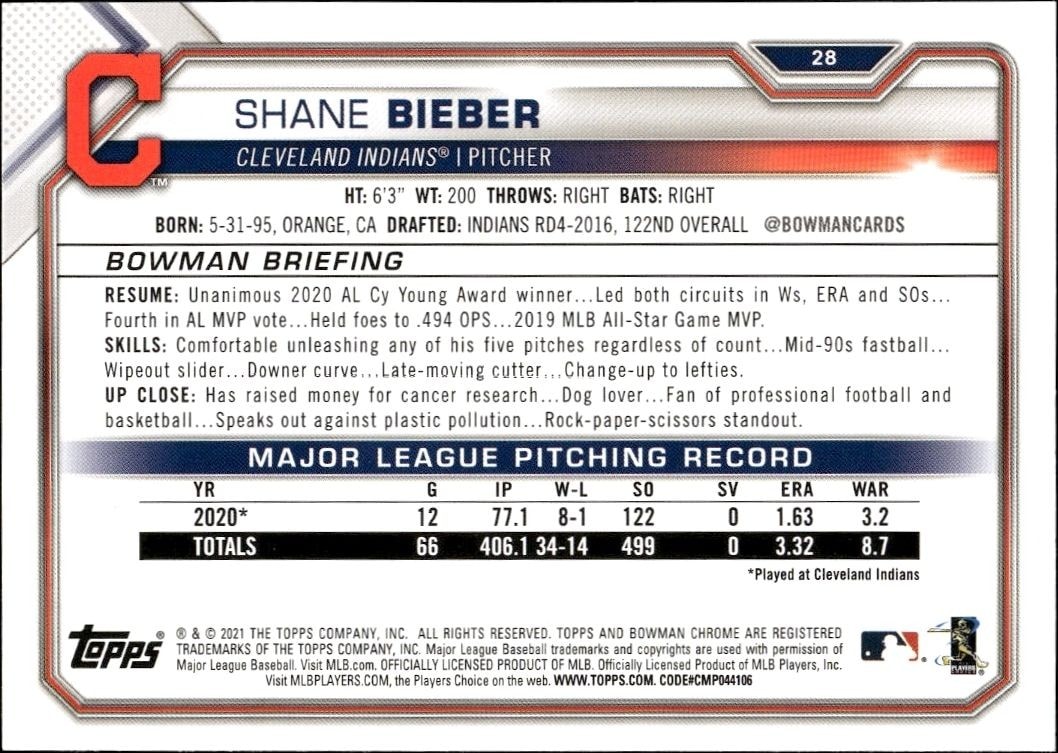 2021 Bowman Shane Bieber #28 baseball trading card back