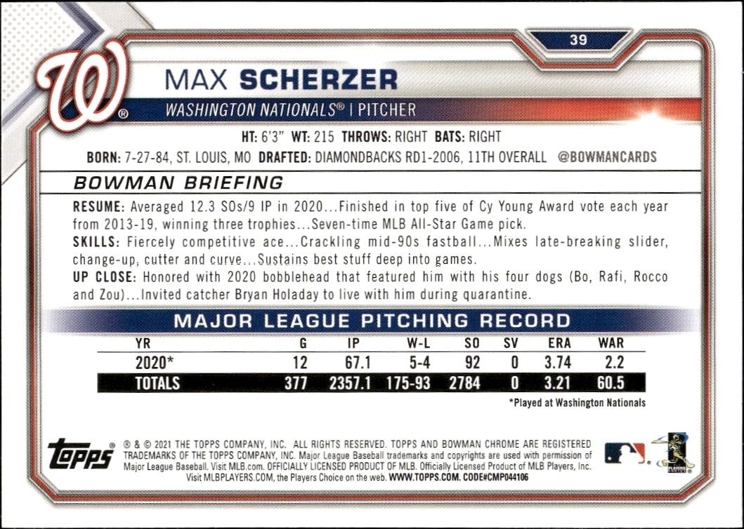2021 Bowman Max Scherzer #39 baseball trading card back