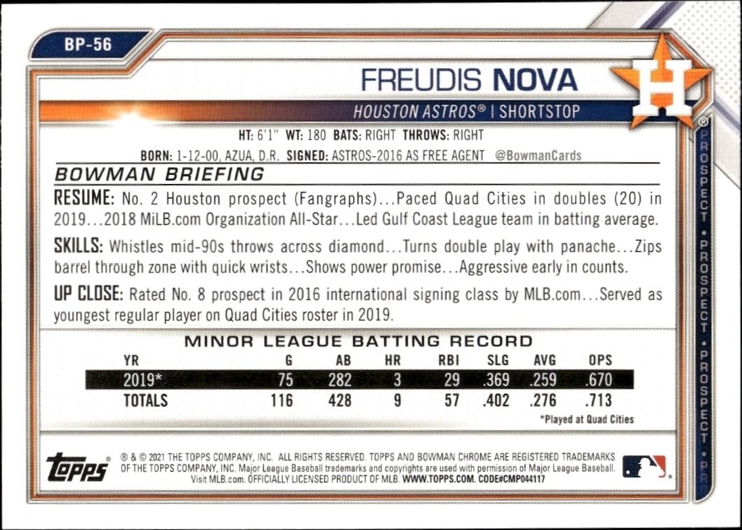 2021 Bowman Freudis Nova #BP-56 baseball trading card back