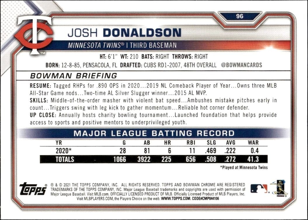 2021 Bowman Josh Donaldson #96 baseball trading card back