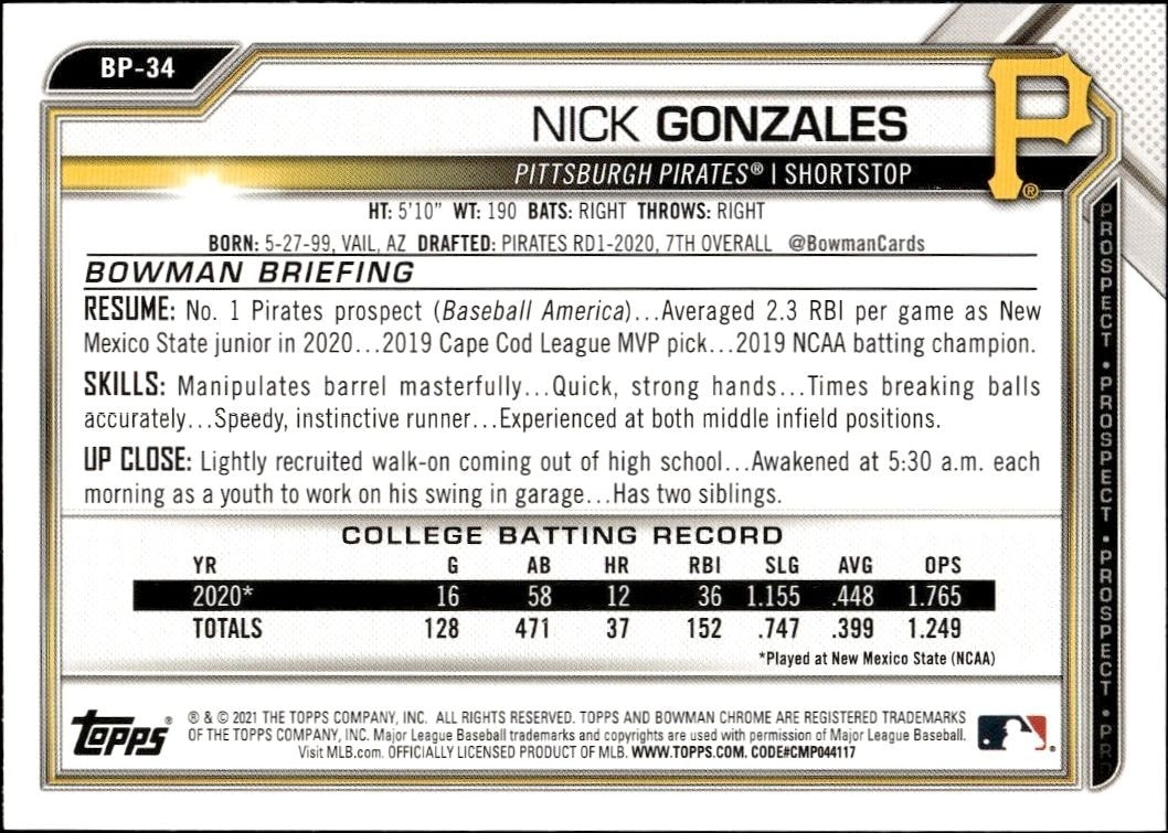 2021 Bowman Nick Gonzales #BP-34 baseball trading card back