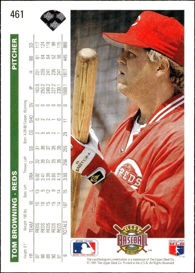 1992 Upper Deck Tom Browning #461 baseball trading card back