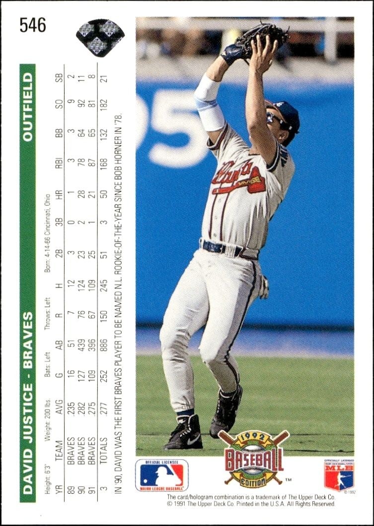 1992 Upper Deck David Justice #546 baseball trading card back